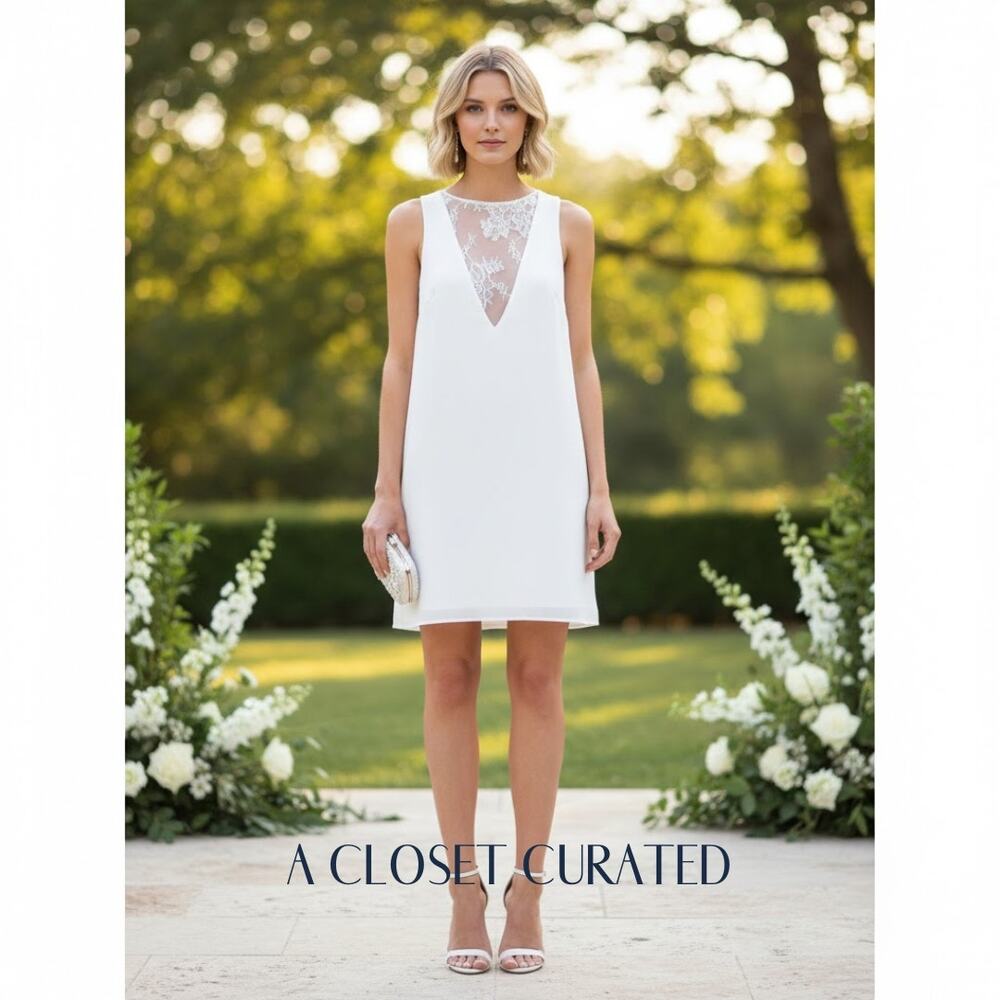 Mac Duggal Lace Inset Mini Dress White 2 NWT Style 49800